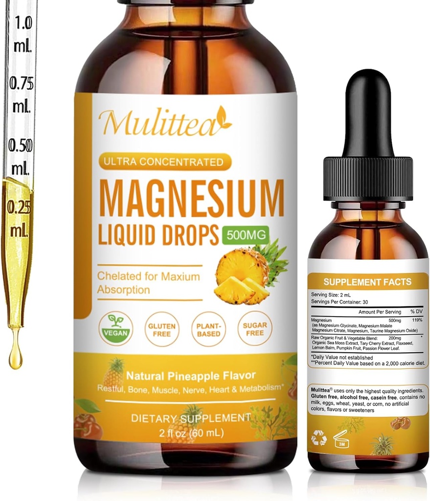Bombas Líquidas de Magnesio - Alta Absorción 5-en-1 Suplemento Complejo de Magnesio Glycinate, Malate, Citrate, Taurate - para Hueso, Musculos, Nerves & Energy - Vegan, Sugar Gratis, 2 Fl.oz