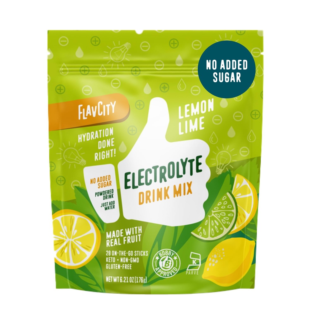 FlavCity Lemon Lime Electrolytes Powder Packets - 28 Hydration Packets - No hay azúcar añadido - Polvo hidratante con fruta real & sin refinar Salta de mar - Keto & Gluten-Free (28 Stick Packs)