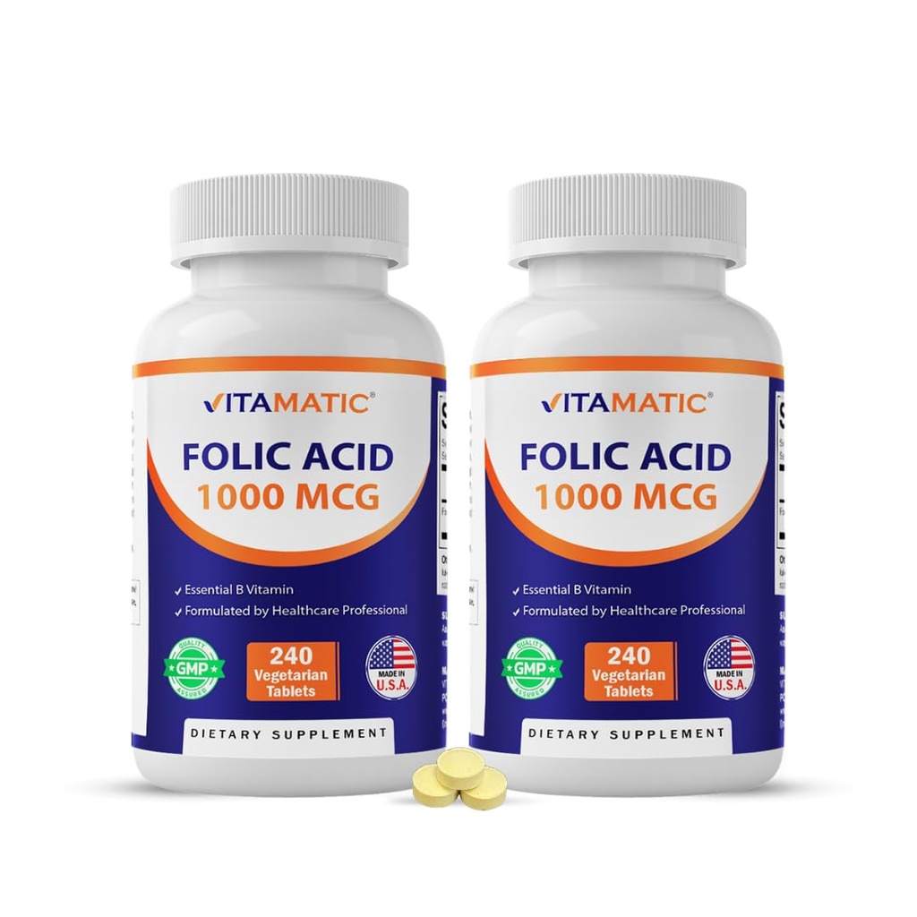 Vitamatic Folic Acid 1000 mcg (1 mg) – 240 Tabletas Vegetarianas (Pack of 2) 1667 mcg DFE – Vitamina B9 para la salud prenatal, cardíaca y celular
