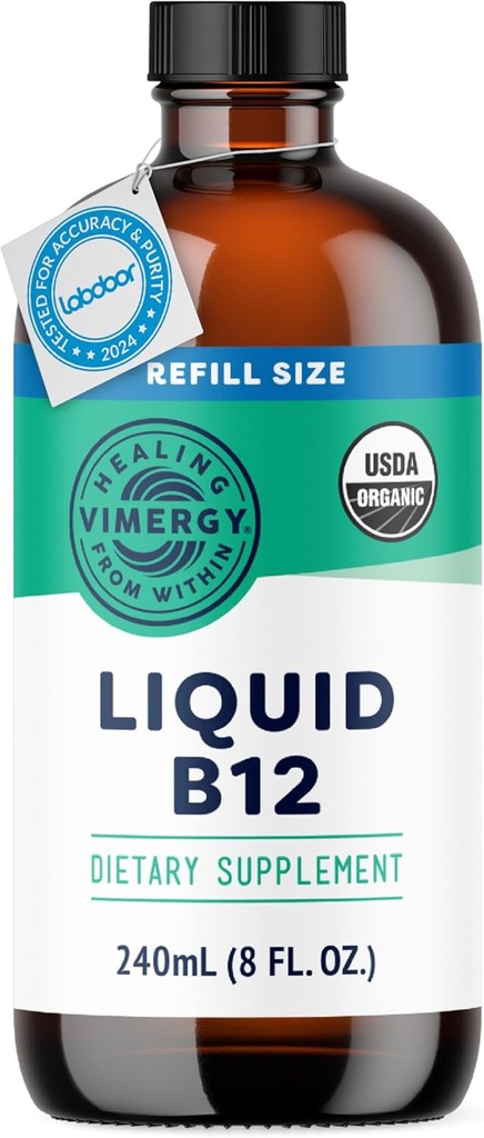 Relleno de B12 Vimergy Líquido – Apoyo cerebral de absorción rápida – Suplemento de apoyo energético – USDA Certified Organic, Vegan, Non-GMO – 240 Servimientos (240 mL)