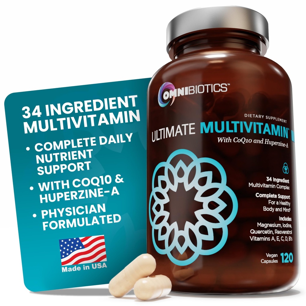OmniBiotics Ultimate Daily Multivitamin for Women &amp; Men – 34 Ingredientes esenciales que incluyen vitamina A, C, D, E, B6, B12, Biotina, Zinc – 120 Vegan cápsulas