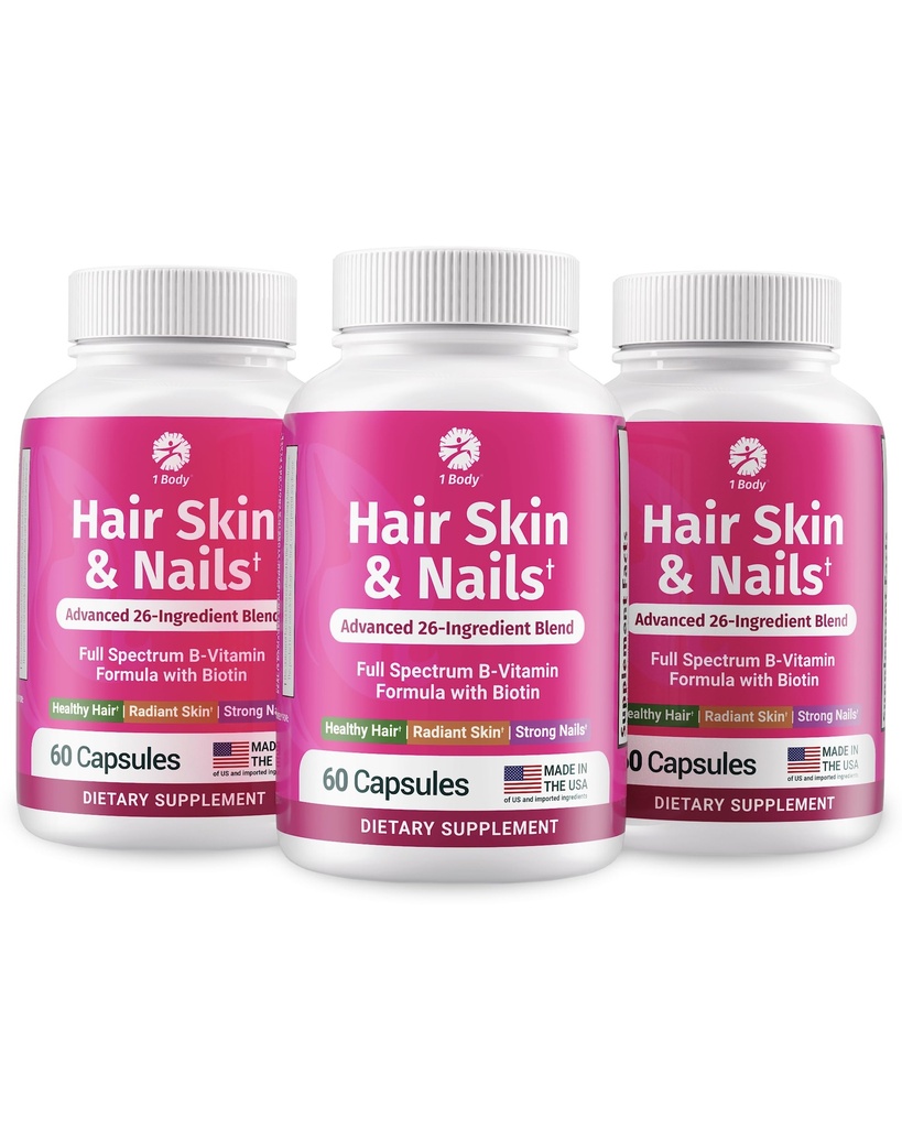 1 Body Hair Skin Nails Complejo de vitaminas con Biotina - Fórmula completa con 26 vitaminas esenciales para hombres y mujeres - 3 Pack