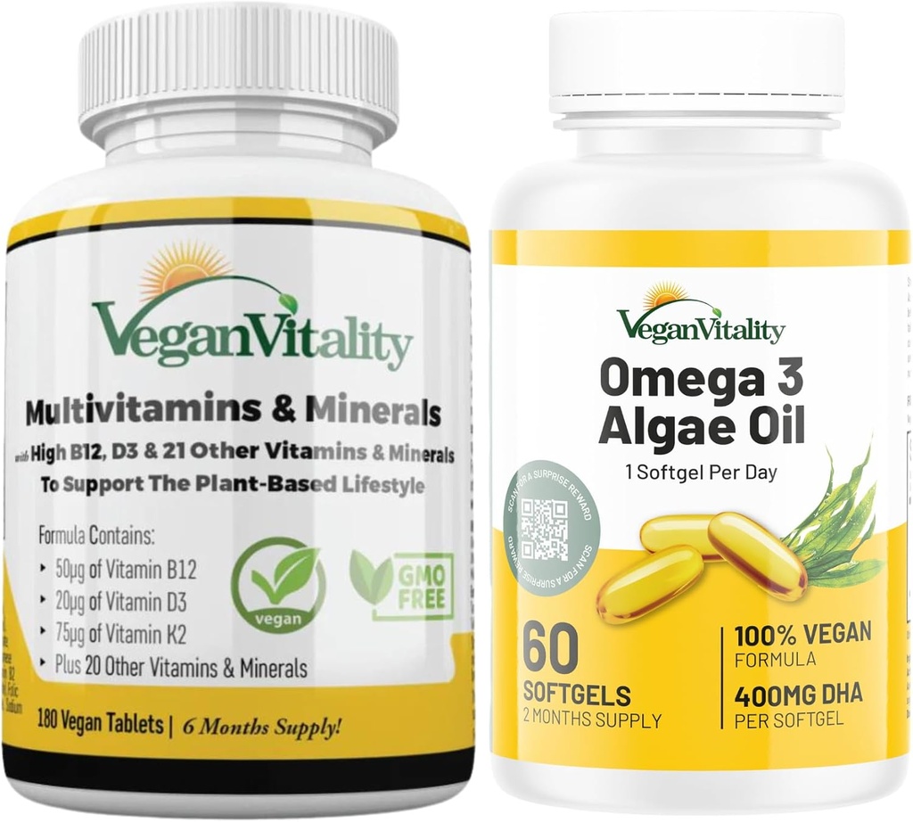 Vegan Vitality Immunity Booster Bundle 6 meses - Multivitaminas vegas y aceite de algas Vegan Omega 3. Fórmula de alta resistencia basada en plantas para la inmunidad, energía salud general para los veganos y los vegetarianos