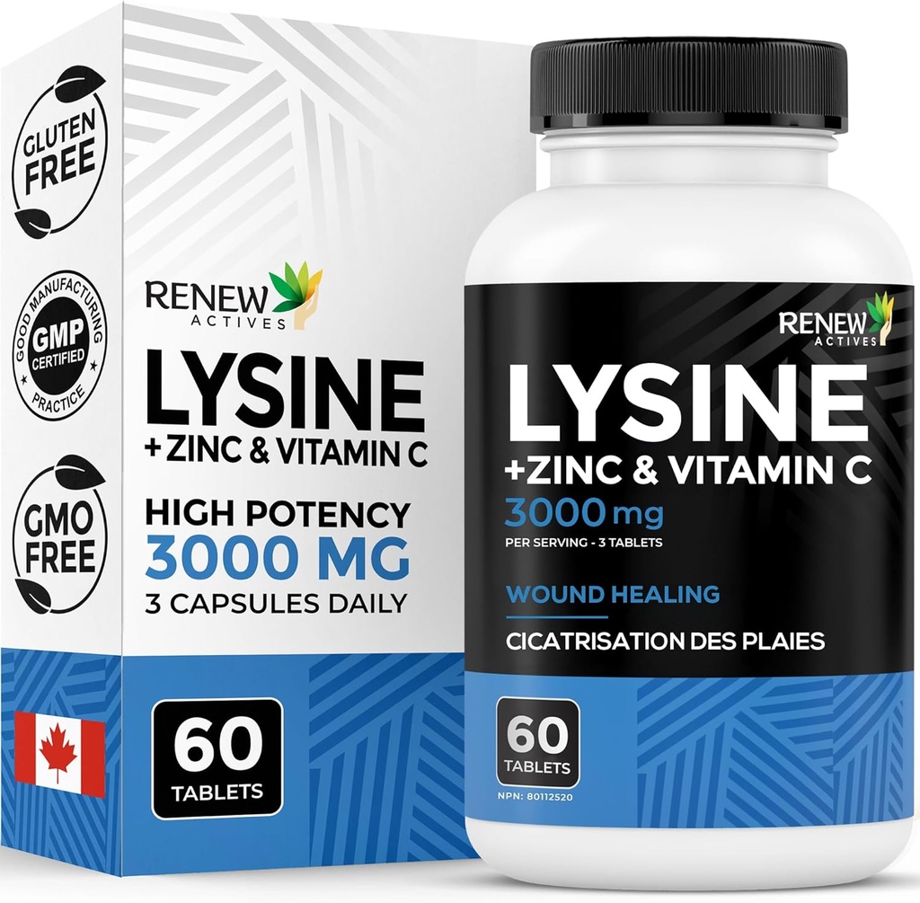 Renovar Activos L-Lysine 1000 mg por Servir con zinc & vitamina C – Soporta función inmunitaria, formación de colágeno, soporte antioxidante, " Esquía saludable, pelo " uñas – Hecho en Canadá – 60 tabletas
