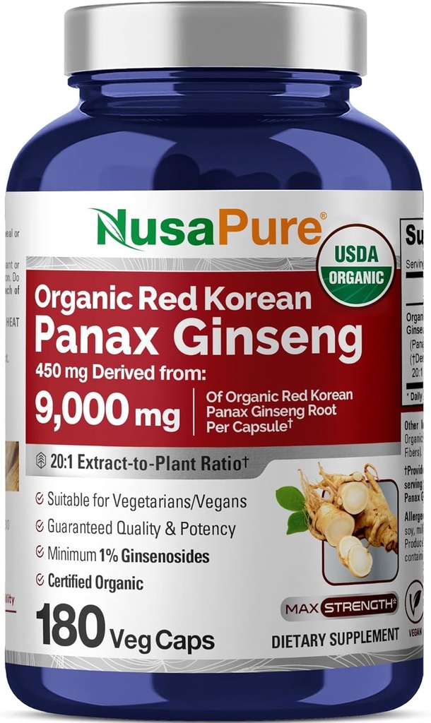 Nusa Ginseng Panax rojo puro 20:1 Extracto, 450 mg Equivalente a 9.000 mg 180 cápsulas vegetales (USDA orgánico, no GMO, Vegano, Vegetariano, Bioperina)