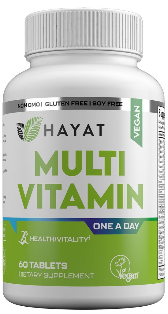 Vitaminas HAYAT Multivitamina natural vegana, Vitaminas diarias con vitamina A, C, D, E, B1, B2, B3, B6, B12, Biotina, Zinc y Más, 2 Mes de Suministro, Todo natural, certificado Halal, 60 Tabletas, Hecho en los EE.UU.