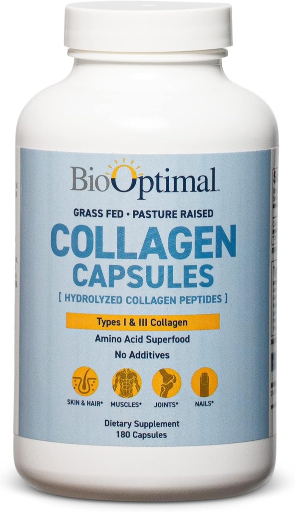 Collagen Peptides Capsules - Grass-Fed, Pasture-Raised Hydrolyzed Suplemento de proteína para la piel, el pelo, " Nails - Non-GMO, Zero Sugar Daily Pills for Men " Women (180 cápsulas)