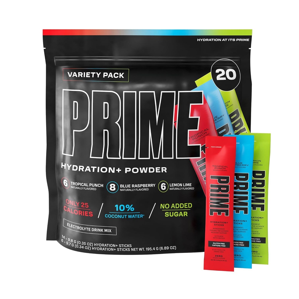 PRIME HYDRATION+ Sticks VARIETY PACK ← Hydration Powder Single Serve ← Electrolyte Powder On The Go TEN Low Sugar ← Caffeine-Free TEN Vegan TEN 20 Sticks