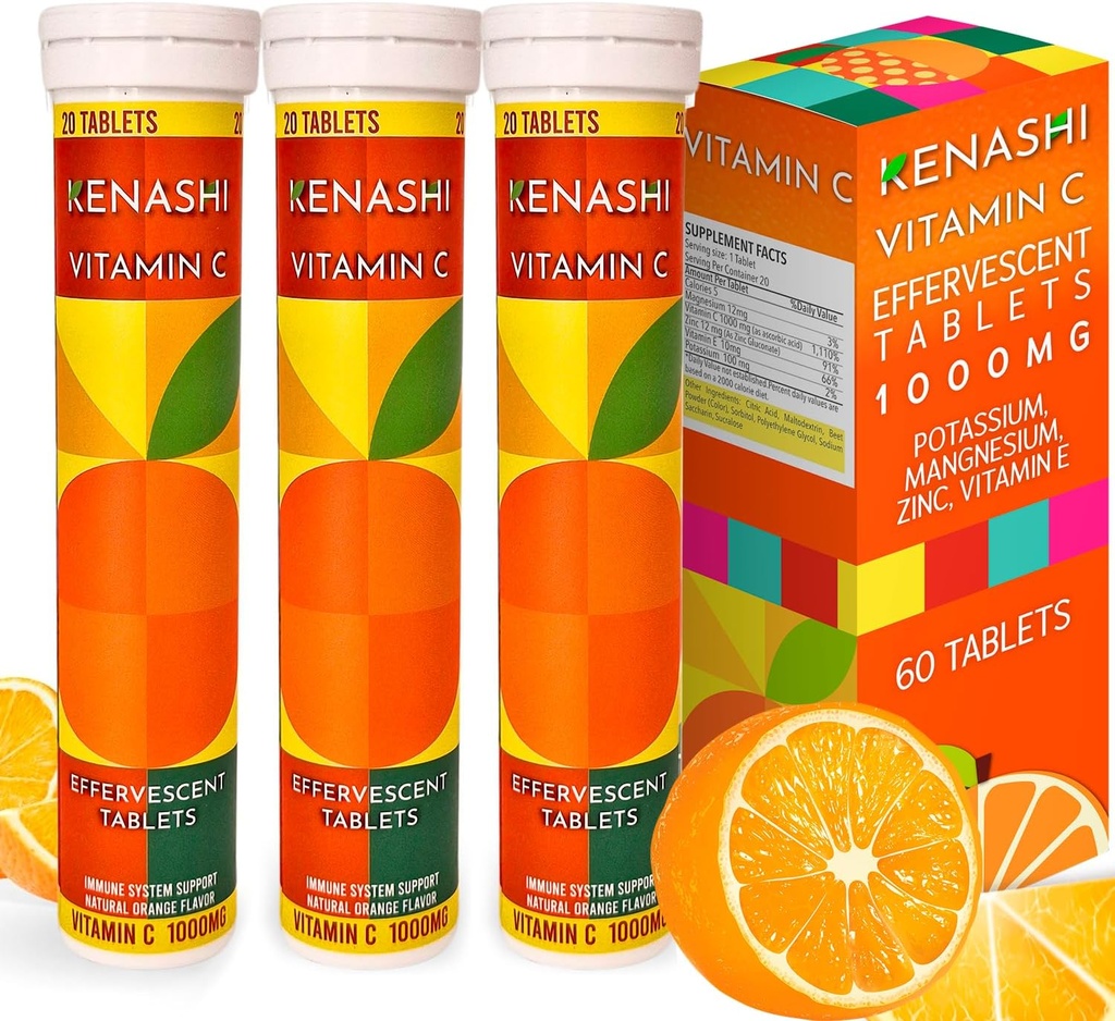 Vitamina C Effervescent Tablas 1000 mg con Magnesio Zinc Vitamina E & Potasio Vitamina C Efervescente 60 Tablas 3 Pack Vitamina C