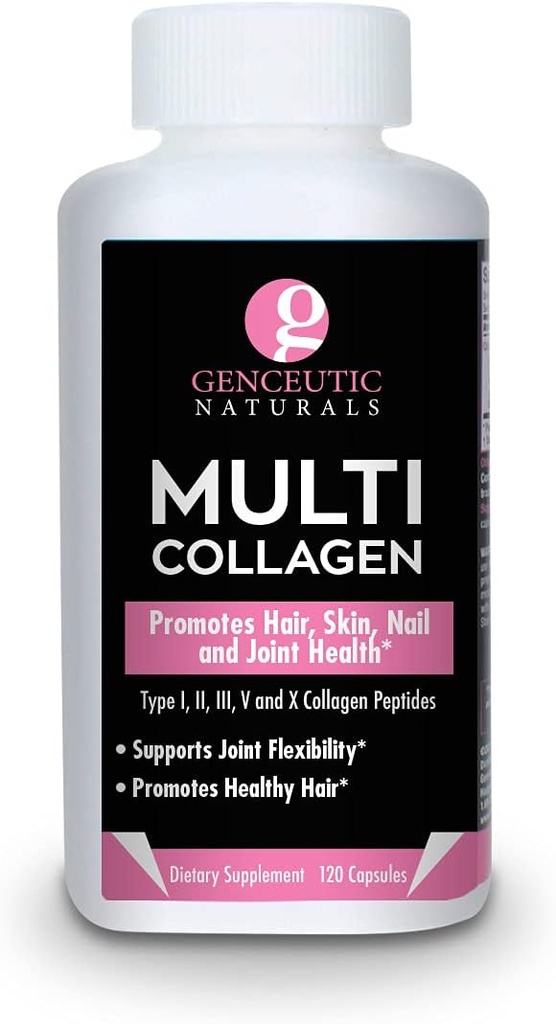 Multi Collagen Capsules Tipos I, II, III, V & X - 120 Veg Caps -para la piel sana del cabello, uñas 1500mg No GMO, Pasture-Raised, jaula libre y crueldad Fuente libre