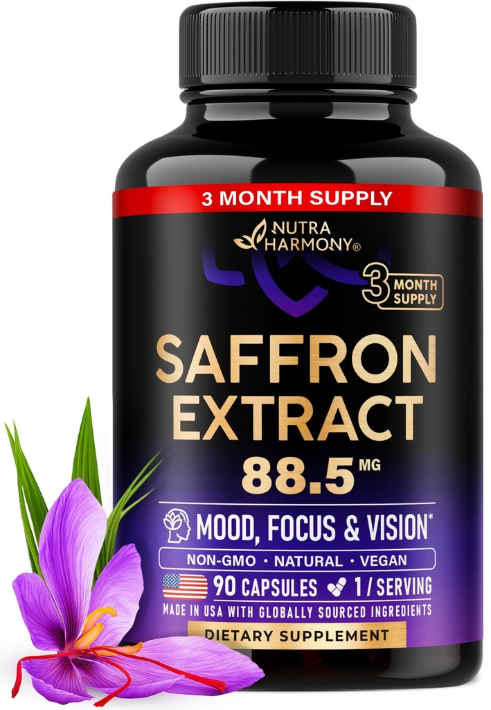 Suplementos naturales de Saffron - Extracto puro de Saffron 88,5 mg - Hecho en EE.UU. - Mood  durable Focus ← Visión útil Energy Support - Eye Health for Women &amp; Men - NonGMO Vegan Pills - 90 cápsulas de polvo, 3 meses de suministro