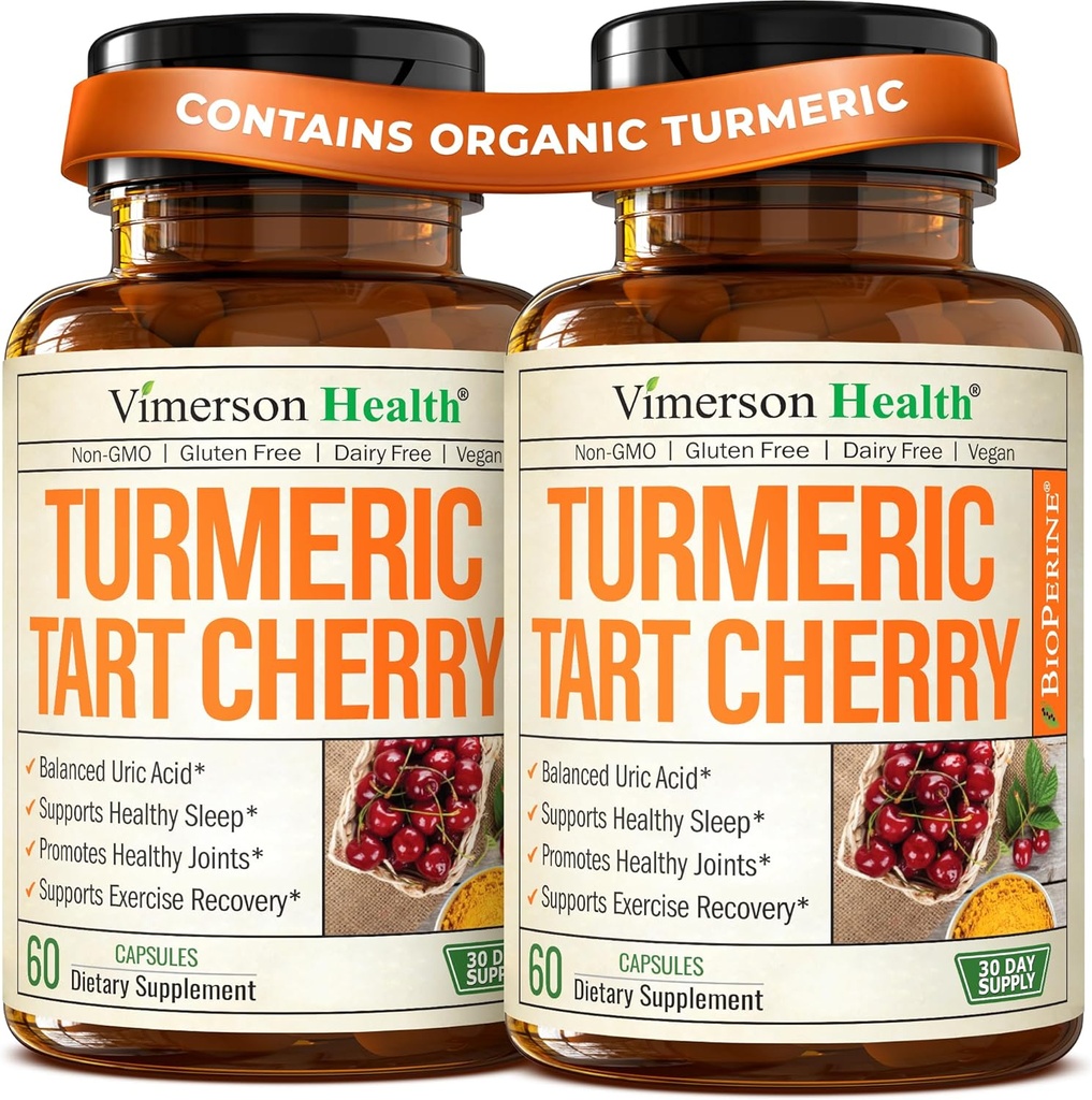 Suplemento de la Curcumina Turmérica con 10:1 Extracto de la Cereza Tart " Celery Seed Extract - Natural Uric Acid Balance, Salud Conjunta, Ayuda al sueño - Curcumina Turmérica con Pepper Negro. Tart Cherry Capsules 2 Pack