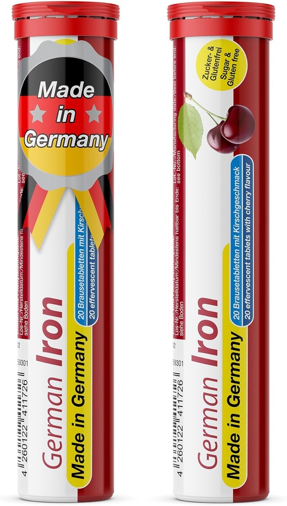 T pulmonar alemán Iron 14 mg - 40 Vegan Drink Effervescent Tablets - Cherry Flavor - Made in Germany