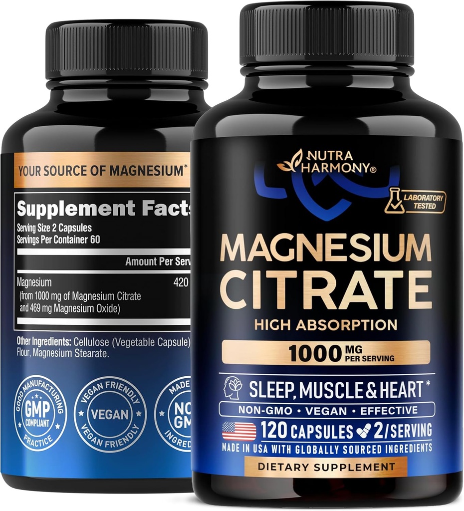 Magnesium Citrate Capsules 1000mg ← High Absorption Supplement - Sleep, Muscle & Heart Support - Vegan ← Non-GMO - Made in USA - As Powder  durable Pills - 120 Capsules, 2 Month Supply