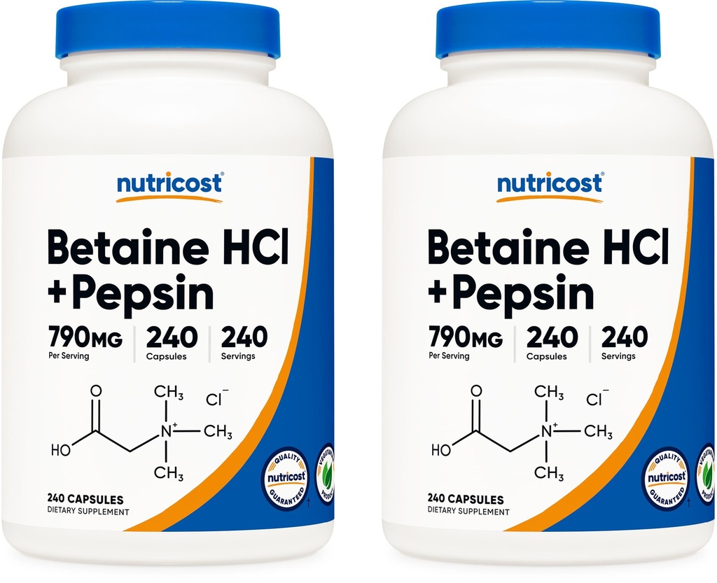 Nutricost Betaine HCl + Pepsin 790mg, 240 Capsules, 2 Bottles (480 Capsules)