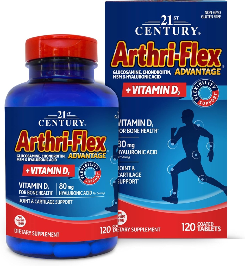 21st Century Arthri-Flex Advantage Plus Vitamin D3 Joint Support Supplement (120 Tablets), Glucosamine, Condroitina, MSM & Hyaluronic Acid, Non-GMO, Gluten-Free, No Añadido levadura o sabores artificiales