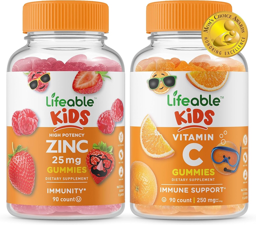 Zinc 24 mg niños + Vitamina C Niños, Gluten Free, GMO Gratis, Chewable Gummy