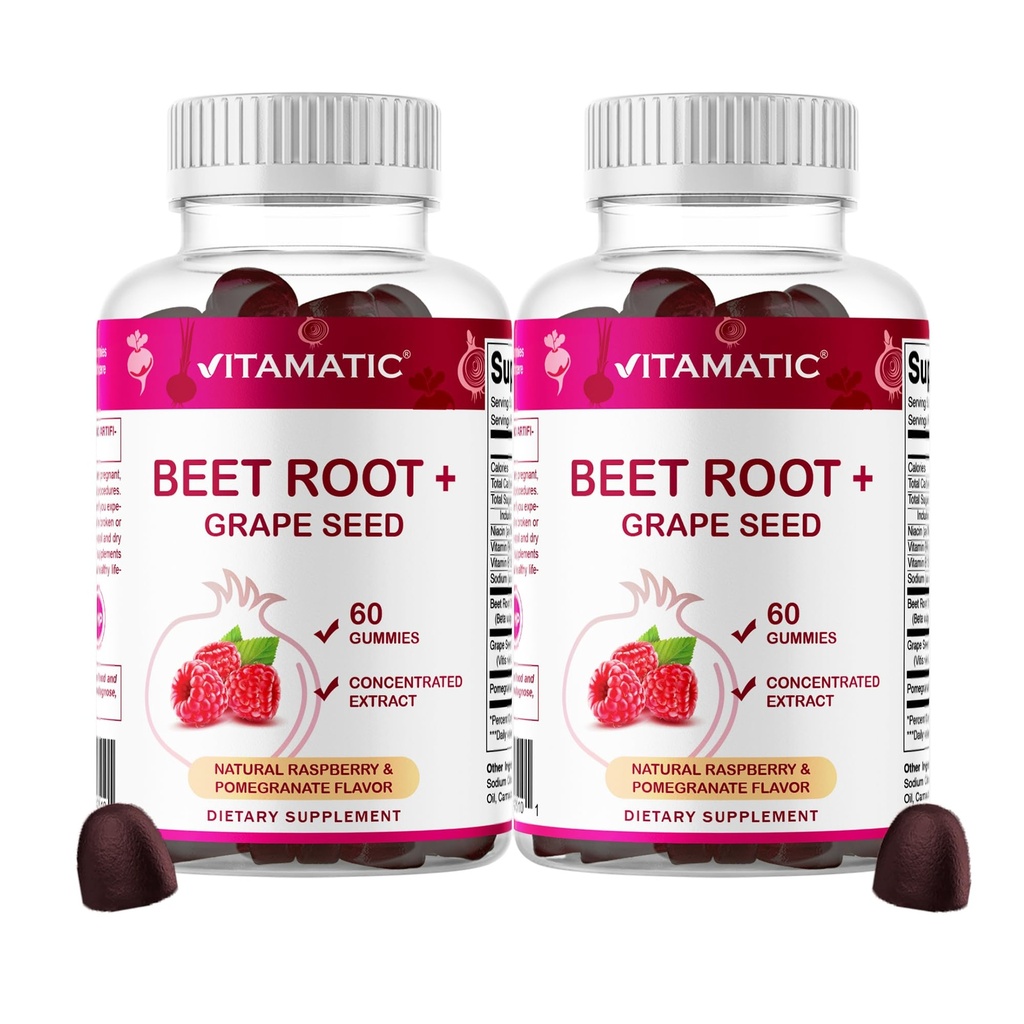 Vitamatic Beet Root Gummies - 3000mg Equivalent Por Serving - 60 Gummies - Hecho con vitamina B6, B12, semillas de uva, granada &amp; Nicotinamide (Pack of 2)