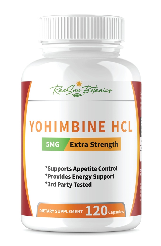 Yohimbine HCL Bark Extract Extra Strength Suplemento 5mg x 120ct Capsules Premium Fat Burner, Pérdida de Peso, Control de Appetite, Apoyo Masculino, Energía y Más