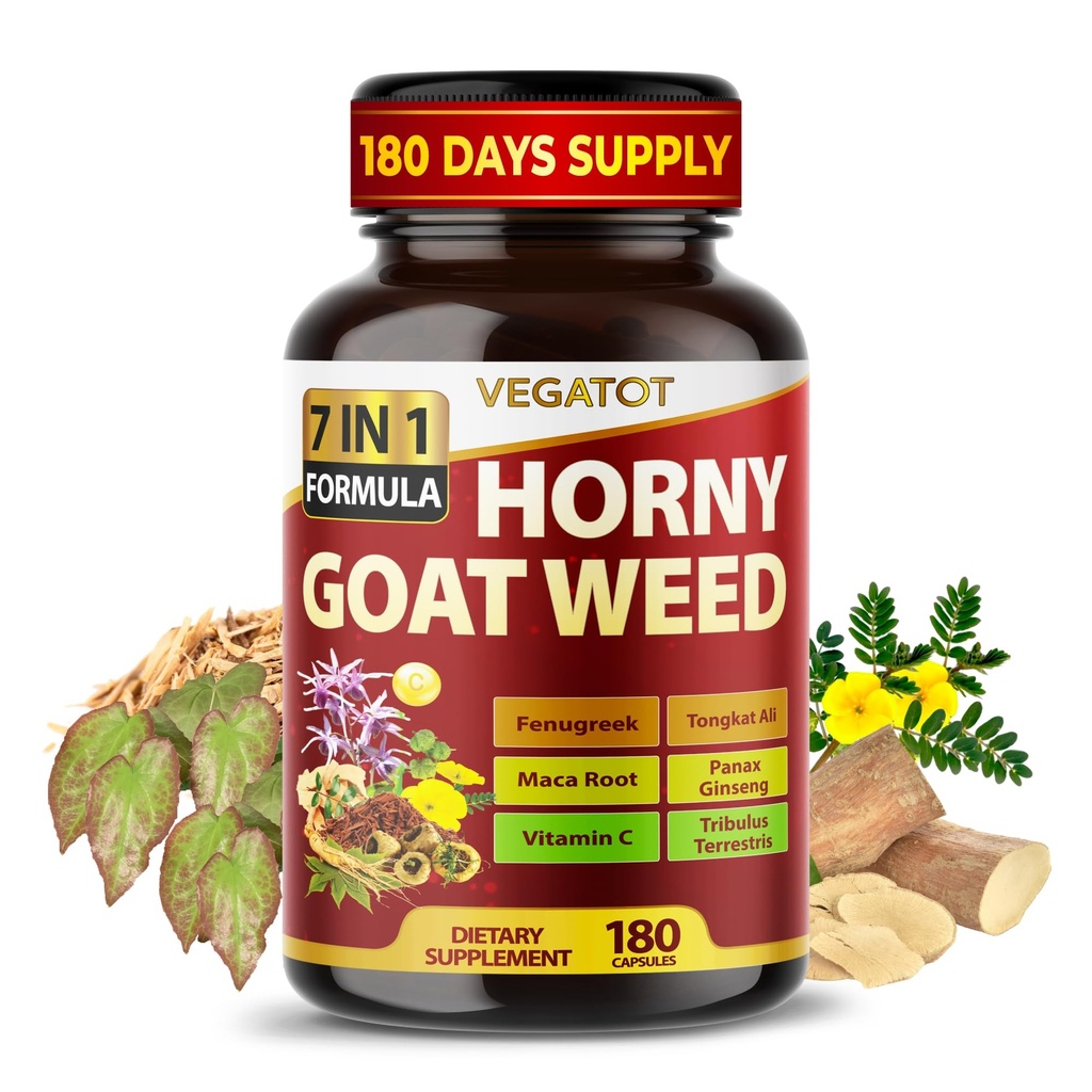 Horny Goat Weed 600 mg con Yohimbine, Tongkat Ali, Maca, Tribulus &amp; Panax Ginseng – 8-in-1 Strength &amp; Vitality Support – 180 Capsules – Vegatot – Gluten-Free, Lab Verified