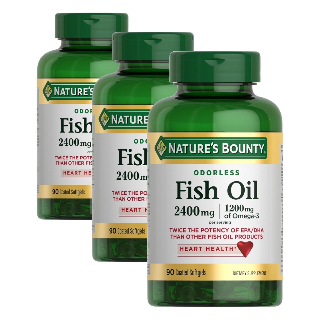 Bounty Odorless Fish Oil, 1200mg Omega-3 por Serving Incluyendo EPA & DHA, soporta la salud cardíaca, purificada para eliminar el mercurio,Coated Softgels,Gluten Free,No Shellfish, 90 Cuenta, (Pack of 3)
