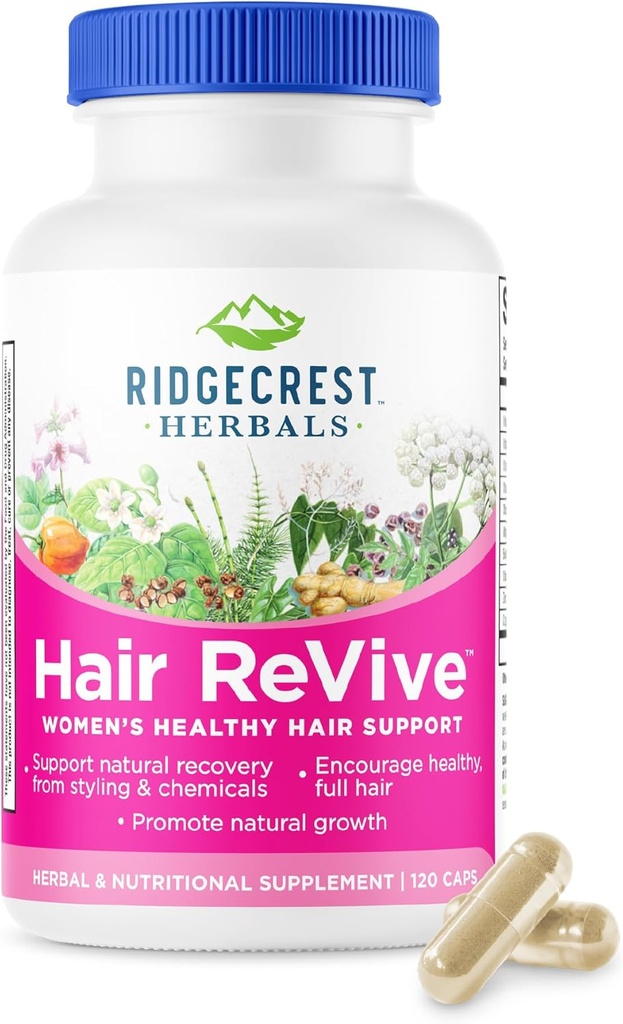 RidgeCrest Herbals Hair ReVive, Suplemento nutricional para el cabello con vitamina C, Biotina (6000mcg), zinc y cobre, Vitaminas para el cabello para las mujeres para apoyar el cabello saludable, la piel y las uñas (120 caps, 30 servidos)