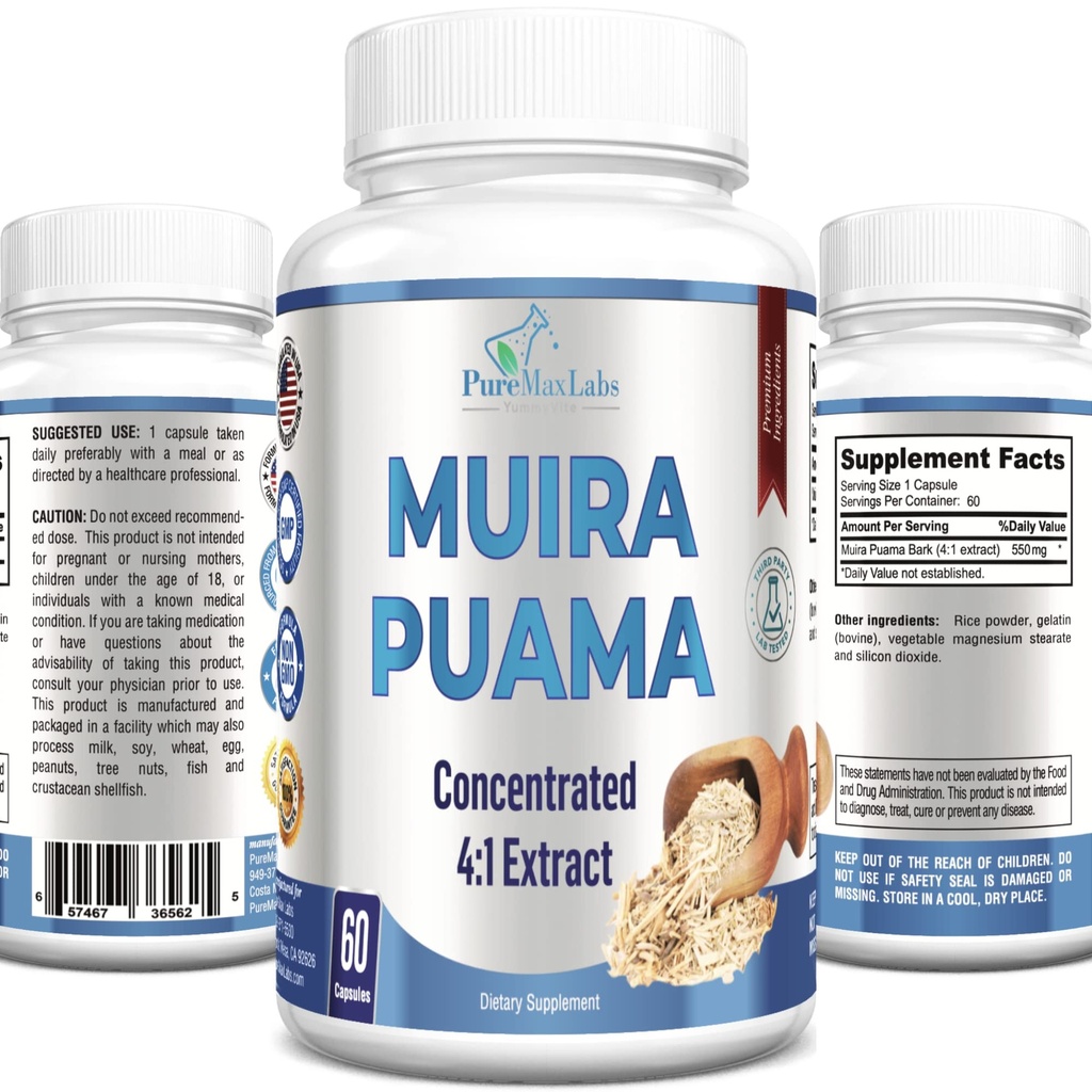 Muira Puama Capsules - Concentrado 4:1 Extracto, Equivalente a 2200 mg por cápsula, 60 cápsulas