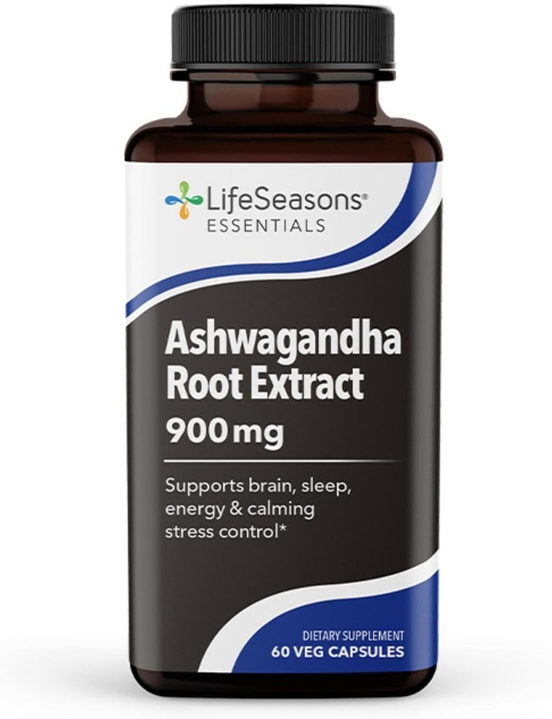 LifeSeasons Essentials Ashwagandha - Suplemento de apoyo al sueño - Mente enfocada en calma - Mejora el rendimiento atlético & Función cerebral - 900 mg por 2 cápsulas - 60 cápsulas