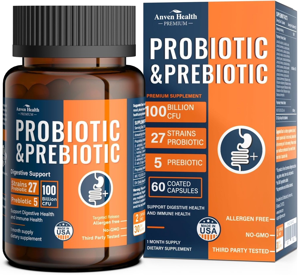 Probióticos de 100 millones para hombres y mujeres 27 Estrados 5 Prebióticos Orgánicos para la Salud Gut Digestiva & Immune, Apoya el Bloating de gas de diarrea, No GMO, Cero Fillers – Hecho en USA6060 Caps