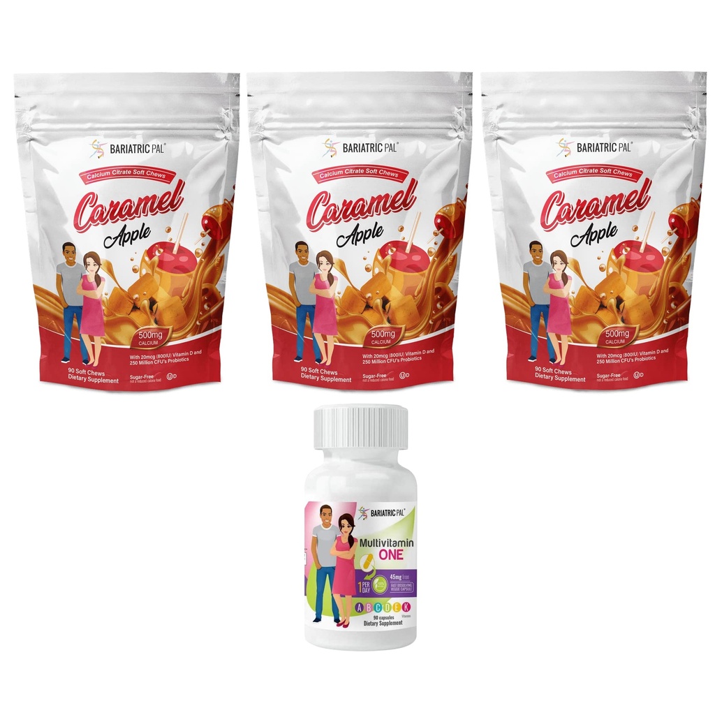 BariatricPal 90-Day Bariatric Vitamin Bundle (Multivitamin ONE 1 por día! Cápsula con 45 mg de hierro y calcio Citratos suaves 500 mg con Probióticos - Manzana Caramel)