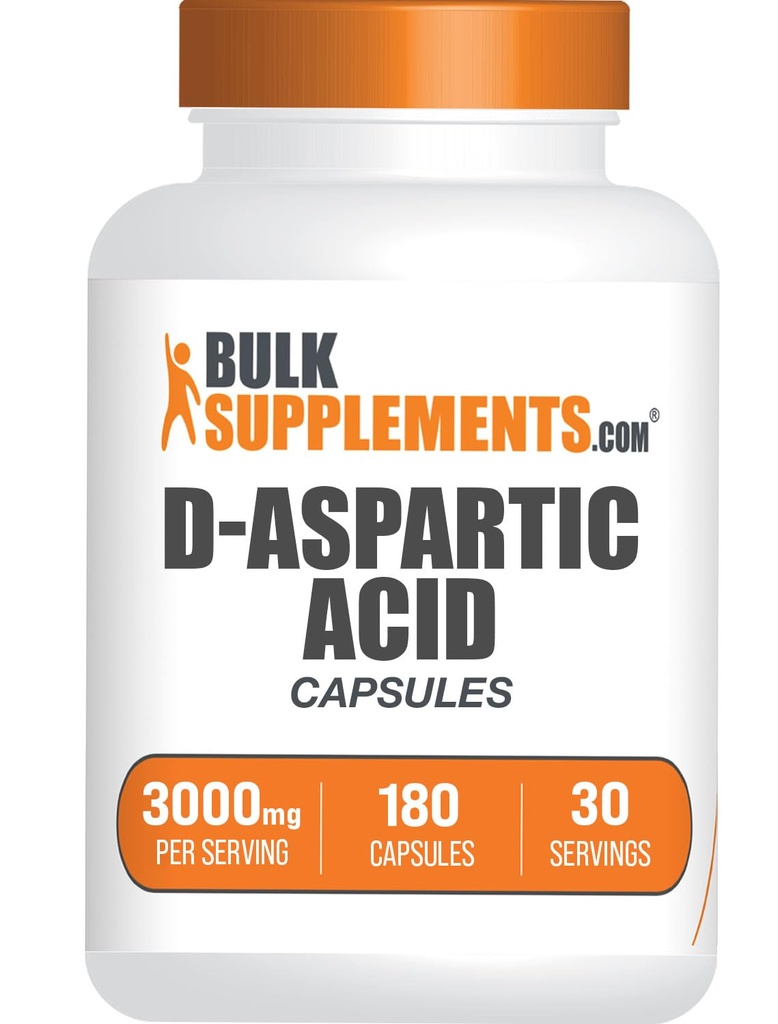 BulkSupplements D-Aspartic Acid Capsules - DAA Supplement for Men &amp; Women, D-Aspartic Acid 3000mg - Unflavored &amp; Soy Free, 6 Capsules per Serving, 180 Capsules (Pack of 1)
