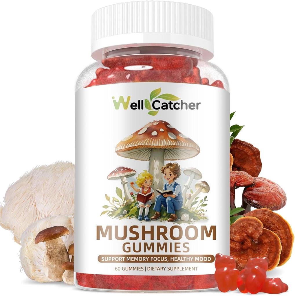Mushroom Gummies Suplemento con Ashwagandha - Lion Mane Mushroom Supplement for Adults Kids with Reishi Cordyceps Brain Supplements for Memory and Focus Organic Vegan Non GMO Mixed Fruit Flavor 60CT
