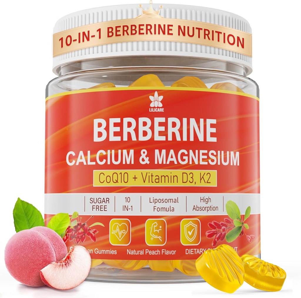 Berberine Gummies Azúcar Libre, Absorción Extra con Berberina Liposomal & Berberina HCI, Calcio, Magnesio, AMPK Activitor for Sugar & Level, Energía, Metabolismo, Vegan, Pack de 1