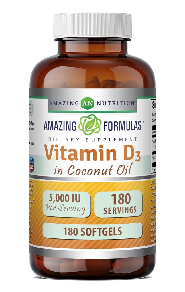 Fórmulas asombrosas Vitamina D3 con suplemento de aceite de coco TENIDO 5000 UI Por Servir TEN 180 Softgels TEN NO-GMO TENIDO Gluten Free TEN Made in USA