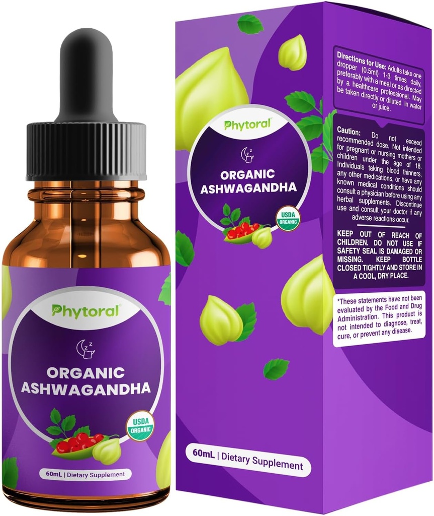 Phytoral Organic Ashwagandha Liquid Drops for Adults - Potent Liquid Ashwagandha Extracto de raíz para la energía y el apoyo a los moods - Tincture Vegan Gluten no GMO & Alcohol-Free (120 Servings)