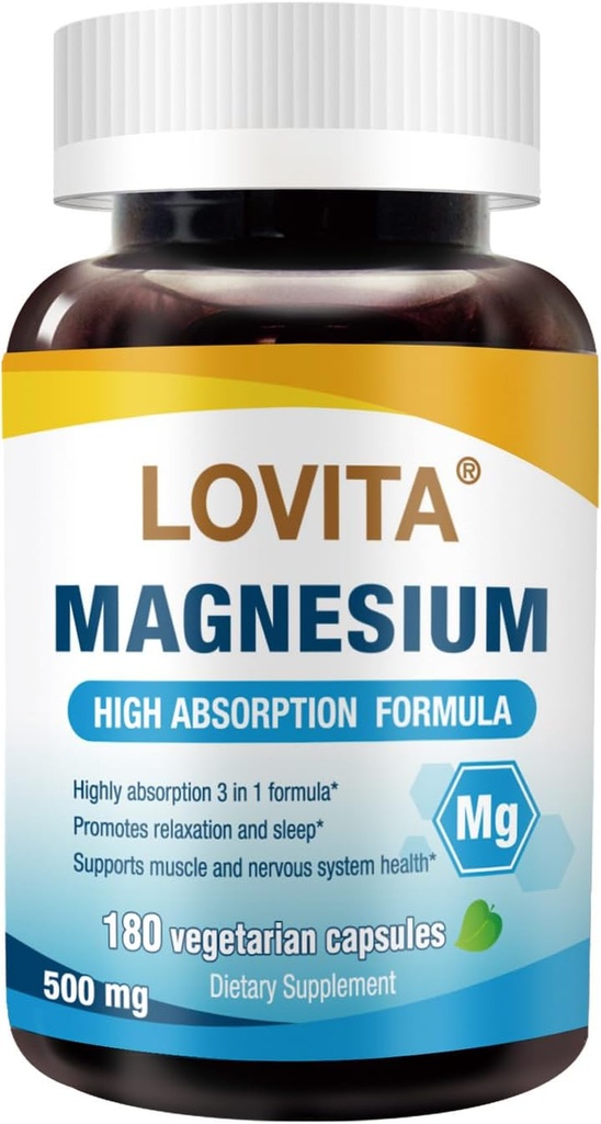 Complejo de Magnesio Triple Lovita 500mg, Fórmula de Alta Absorción y Potencia, Glycinate, Citrate & Oxide, Support Sleep, Relax, Heart, Nerves & Bone Health, 180 cápsulas Vegan