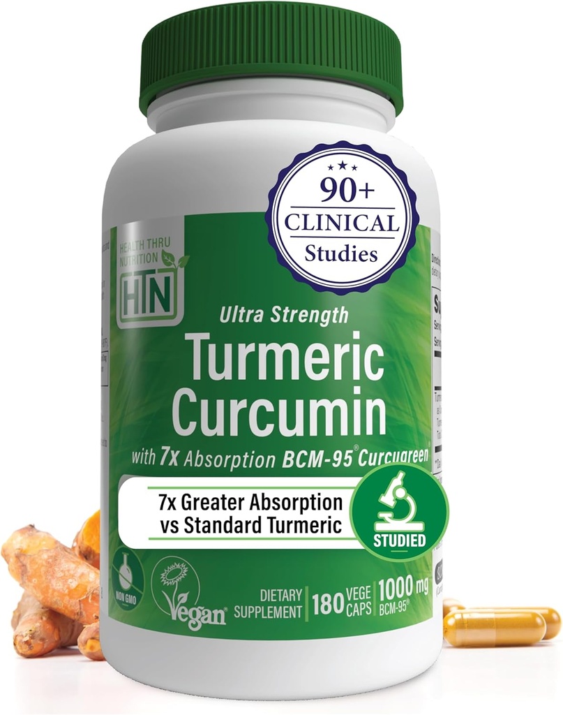 Salud Thru Nutrición Turmeric Curcumin Complejo 1000mg Suplemento Silencio como BCM-95 Curcugreen Clínicamente estudiado Silencio Certificado Vegan (Pack of 180)