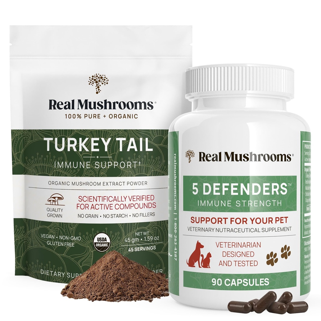 Real Mushrooms Turkey Tail Powder for Humans (45 Servings) & Turkey Tail for Pets (90ct) - Powder & Capsules Bundle for Immune Support - Vegan, Non-GMO, Grain-Free, Gluten-Free