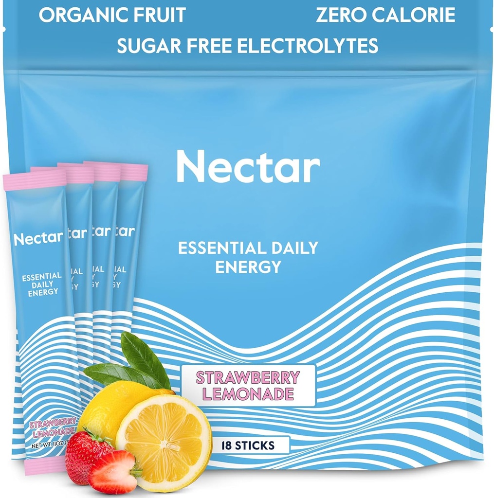 Booster de energía Nectar - Caffeine orgánica, B12 & electrolitos - Sin azúcar & Cero Calorie – Café sano, bebida energética " Alternativa Soda – Hidration " Energy Supplement (Straw. Lemonade 18 Packets)