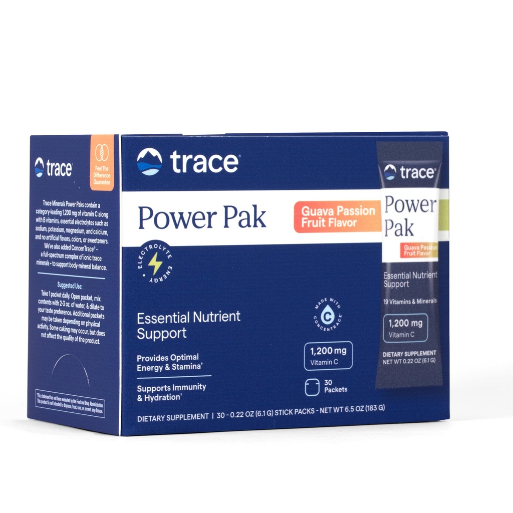 Trace Minerals Power Pak Multivitamin y Packets Multimineral - Electrolyte Support - 1200 mg Vitamina C Plus 70 Guava Passion Fruit Flavor - 30 Packets
