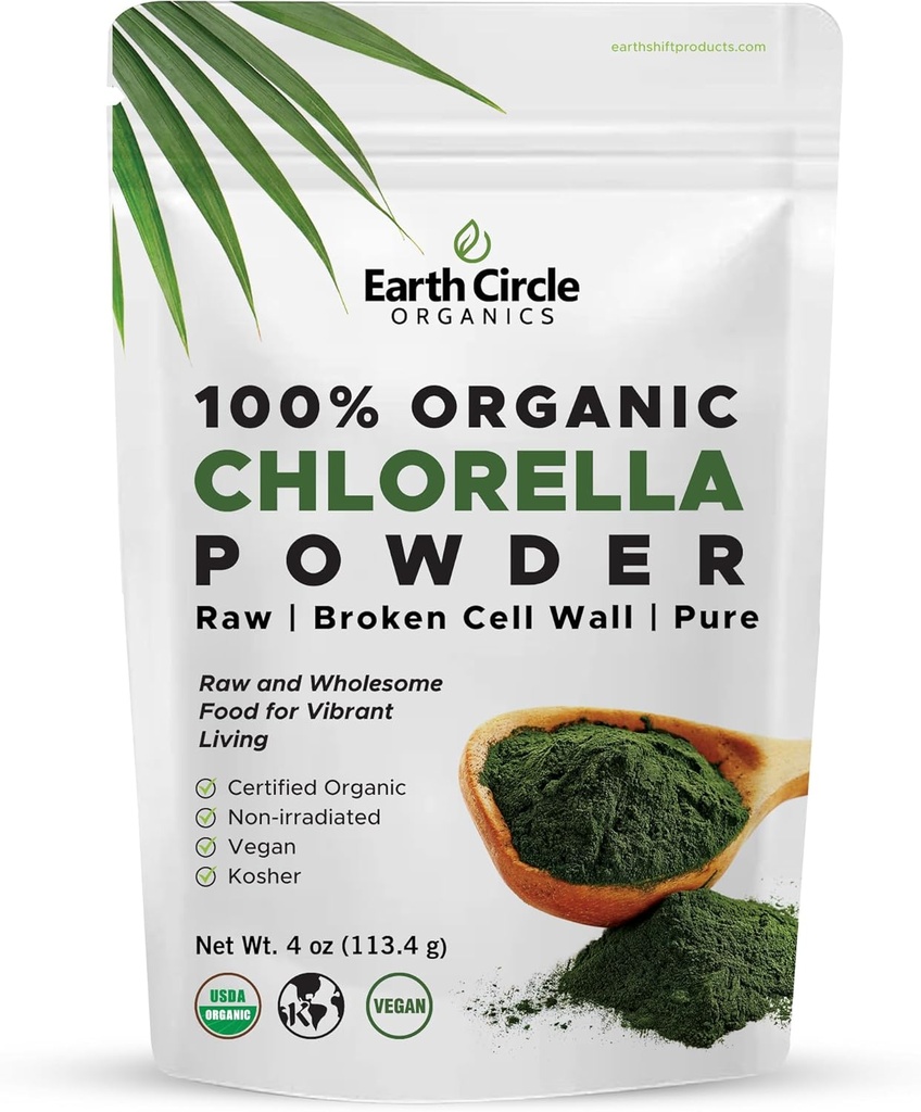 Círculo de la Tierra Orgánica Chlorella Powder Superfood ← Kosher ← Broken Cell Wall Chlorophyll, Vegan, Super Green Algae, Clean Chlorella, High in Protein, Fiber & Amino Acids - 4oz