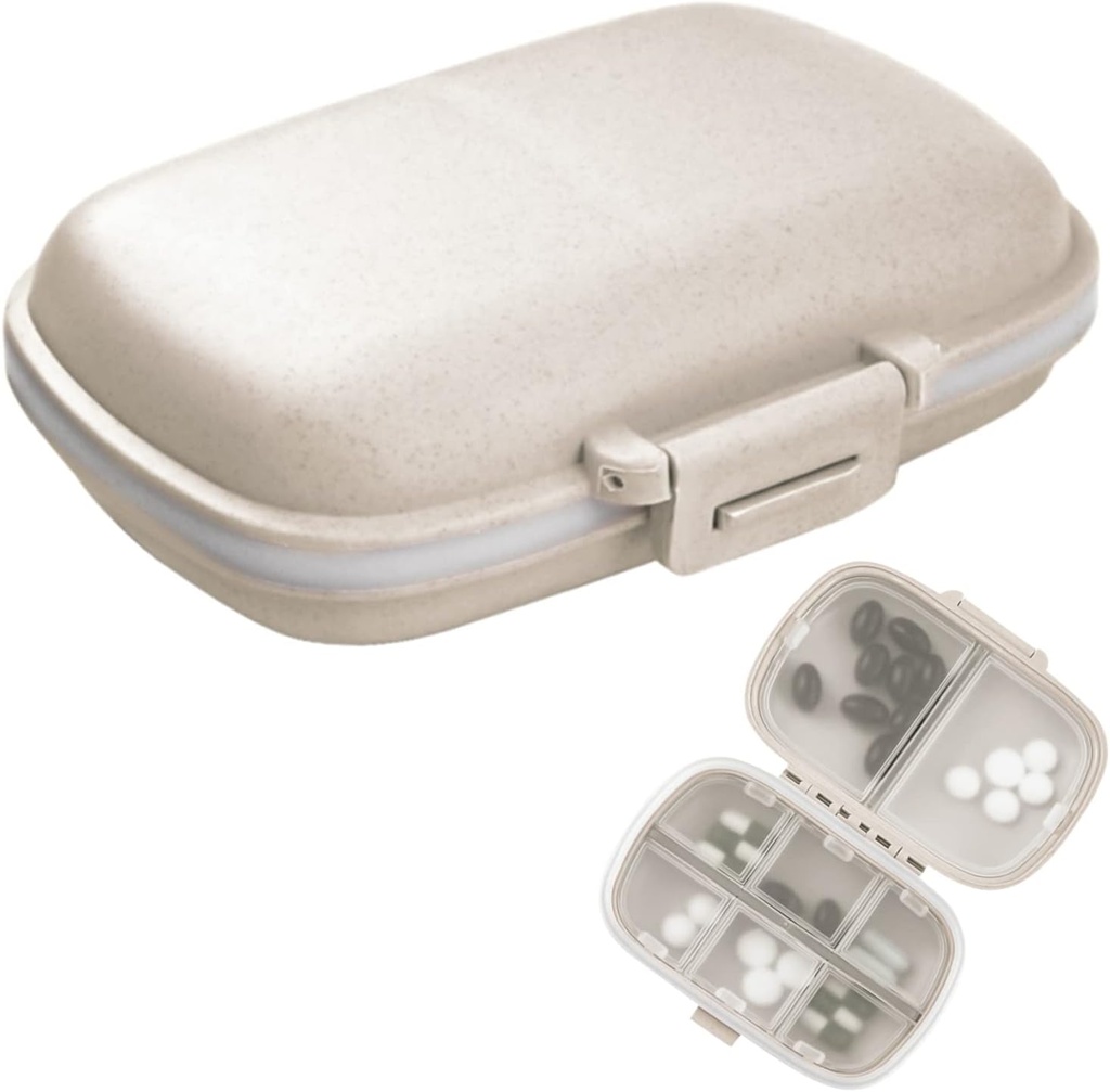 1Pack Travel Pill Organizer, 8 Compartimientos Portable Pill Case, Caja de Pill Pequeña para Pocket Purse Medicina Portable Vitamina Container Beige