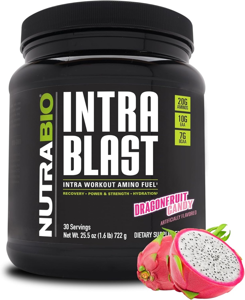 NutraBio Intra Blast Bcaa Powder Amino Amino Acid Suplemento, Electrolyte & Hydration Blend, Intra, Pre Workout & Muscle Recovery, 20g Eaa Amino Acids Powder, 5g Glutamine- Dragonfruit Candy, 30 Serving