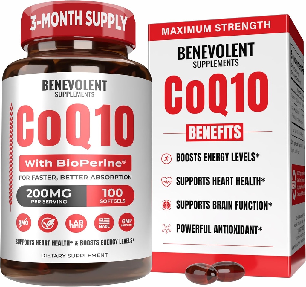 Benevolent Pure CoQ10 200mg Softgels con BioPerine® para Max Absorción, Ubiquinone Coenzyme Q10 Suplemento para la salud del corazón, producción de energía, envejecimiento saludable " soporte antioxidante, 100 Softgels