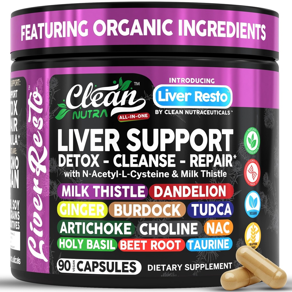 Limpio Nutraceuticals Liver Cleanse Detox " Reparar el suplemento de carburante de leche + NAC, TUDCA, Dandelion Root, Artichoke, Choline, Ginger, Beet Root, Burdock, Taurine, Liver Support 90 cápsulas