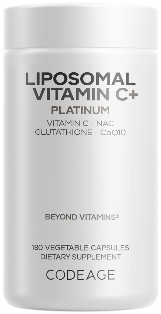 Codeage Liposomal Vitamina C+ Platinum - 1000 Mg Vitamina C Vitaminas, Glutathione, NAC (N Acetyl Cysteine), Resveratrol, CoQ10, Rutin, Elderberry, Quercetin, Rosehip, Citrus Bioflavonoids - 180 cápsulas