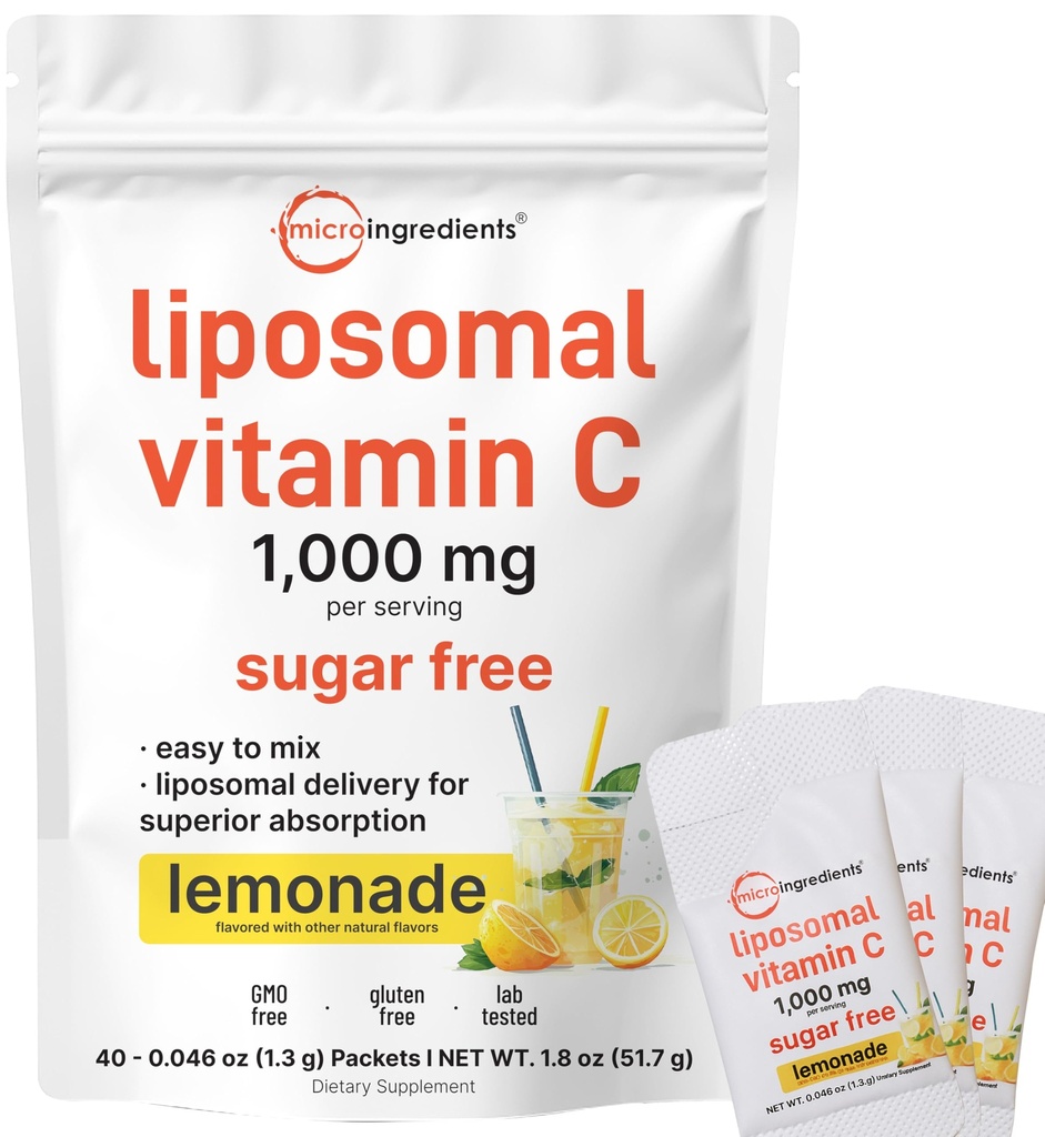 Micro Ingredientes 1000mg Vitamina C Powder for Daily Use ← Liposomal Fat-Soluble Form for Better Absorption ¦ Sugar-Free Lemonade Drink Mix ← 40 Travel Packets, Fast-Dissolving
