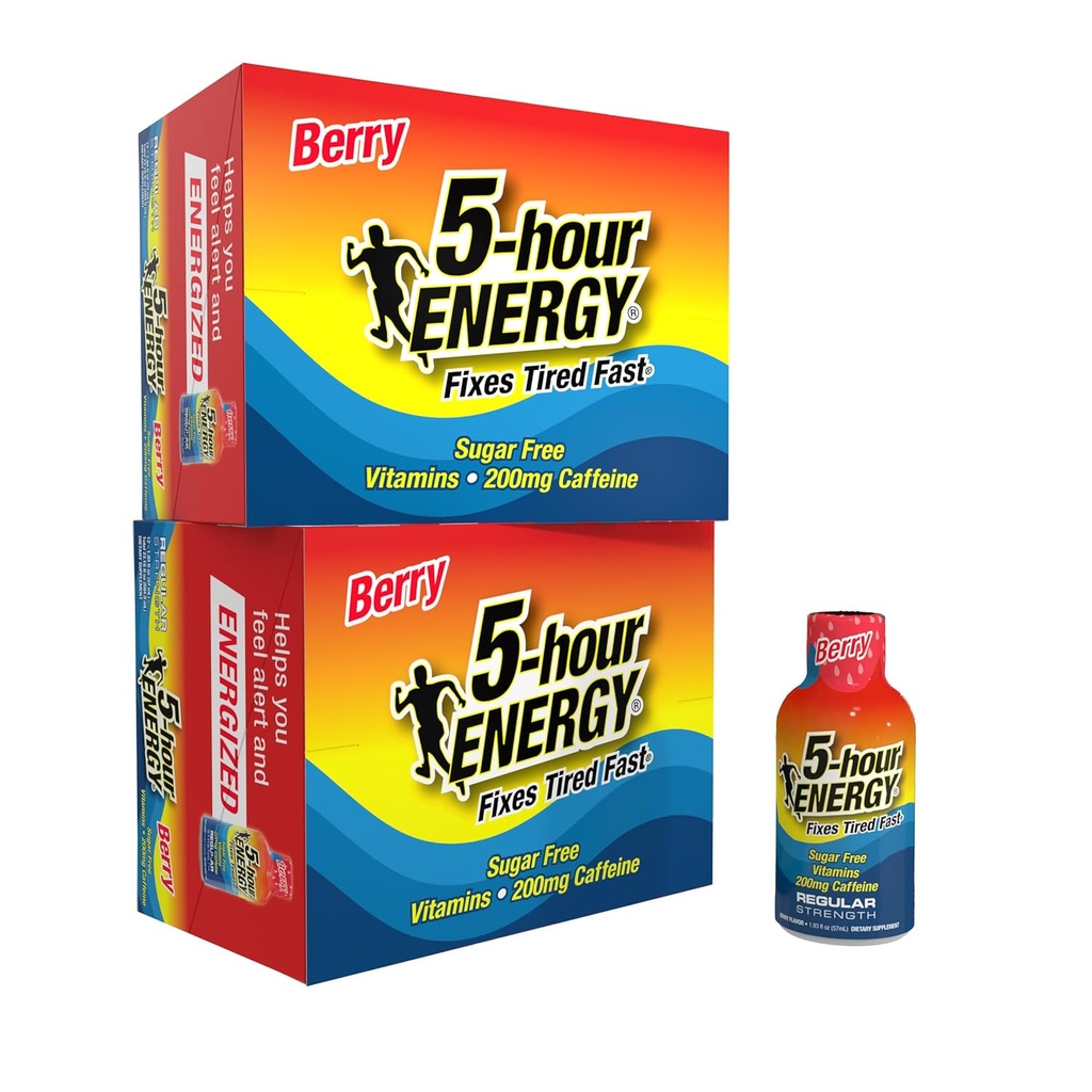ENERGÍA ENERGÍA 5 horas Zapato de energía de fuerza regular, Berry Flavor (1,93 oz., 24 conde) Cero Calories & Sugar-Free 200 mg Zapato calentado, Aminoácidos & vitaminas B, Suplementos dietéticos