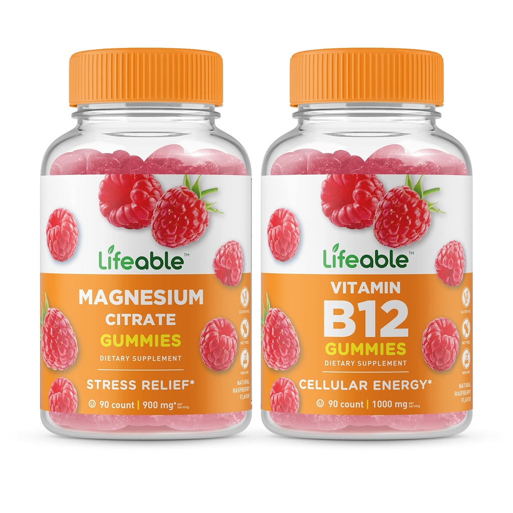 Magnesio salvavidas + vitamina B12, Gummies Bundle - Gran Tasting, Suplemento de vitamina, Gluten Gratis, GMO Gratis, Chewable Gummy
