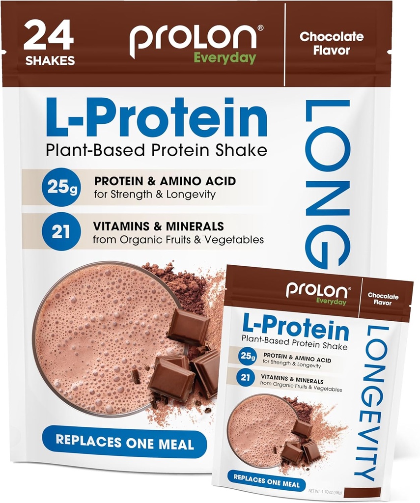 Prolon Longevity Plant Based Protein Powder ← Muscle Synthesis " Repair, Healthy Aging, Boost Performance ¦ Vitamins, Gluten Free, Amino Acids, Antioxidantes latitud 25g of Protein  durable Chocolate, 24 Packets
